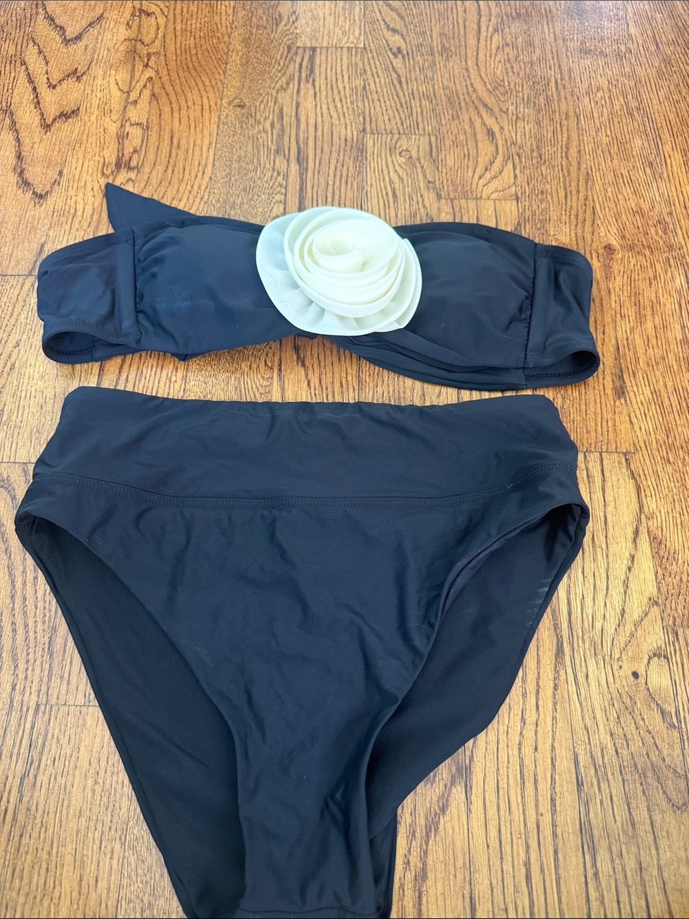 Gianni Bini Black Bandeau bikini top with Cream Rosette and high waisted bottom